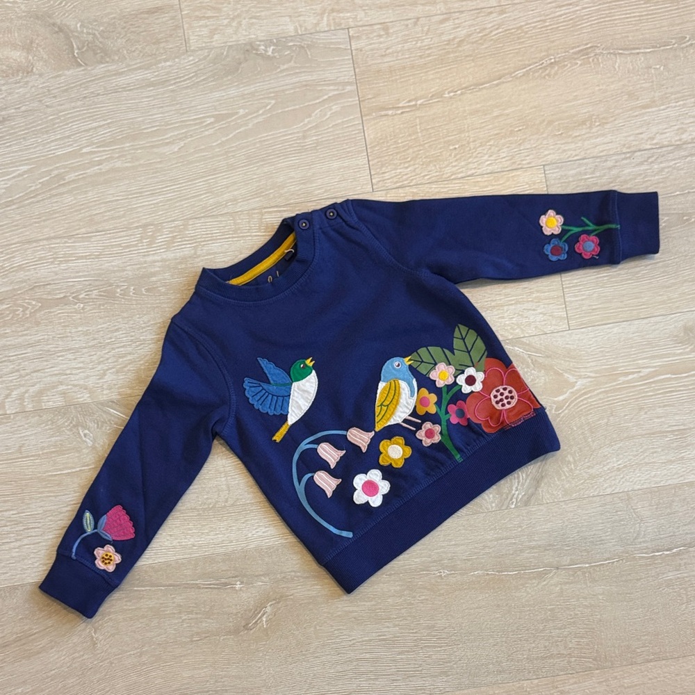Mini Boden Navy Sweatshirt with Colorful Bird & Floral Appliqués